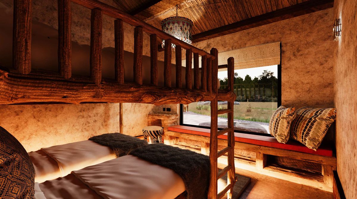 3D view of the second bedroom of the African Wild Dog Lodges.