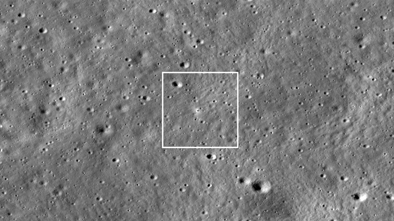 The Chandrayaan-3 lander is in the center of the image, its dark shadow visible against the bright halo surrounding the vehicle.  The image is 1,738 meters wide;  Frame Number M1447750764LR.